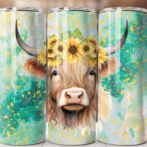 Highland Cow Sunflowers 20oz skinny tumbler wrap Sublimation design, straight tumbler, PNG Download (9.3x8.2)