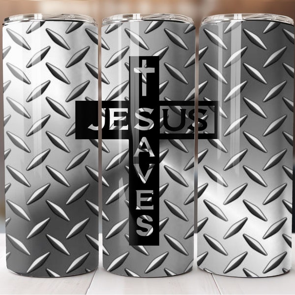 Jesus Saves, Cross, Chrome, 20oz Skinny Tumbler Wrap, Sublimation Design, Straight Tumbler, PNG Digital Download (9.3x8.2)