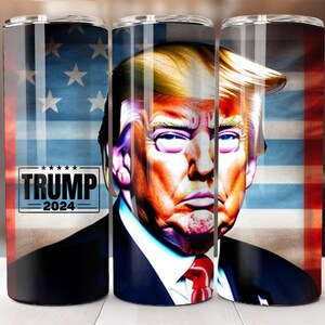 Trump 2024, American flag BG, Donald Trump, 20oz Skinny Tumbler Wrap, Sublimation Design, Straight Tumbler, PNG Digital Download (9.3x8.2)