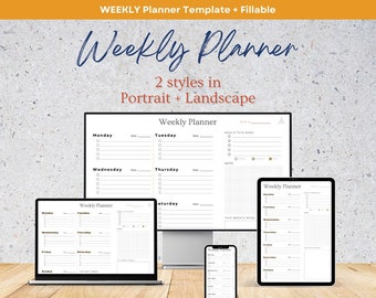 Undated Weekly Planner: 4 styles + fillable, Portrait+Landscape Printable Productivity Planner, iPad Planner, Digital Journal PDF, Template,
