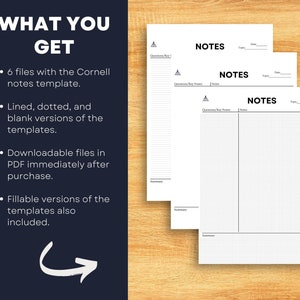 May include: Three printable Cornell note templates. The templates are labeled "NOTES" and have sections for "Questions/Key Points", "Notes", and "Summary".