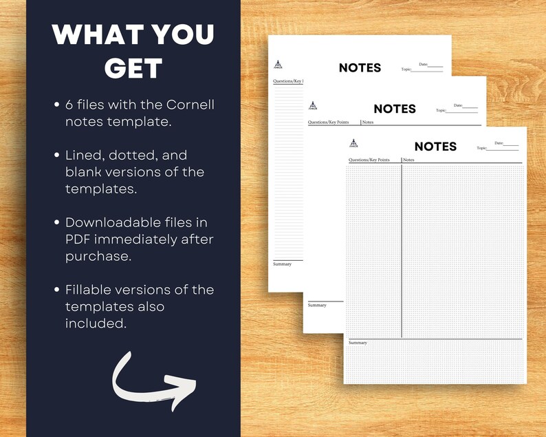 May include: Three printable Cornell note templates. The templates are labeled "NOTES" and have sections for "Questions/Key Points", "Notes", and "Summary".