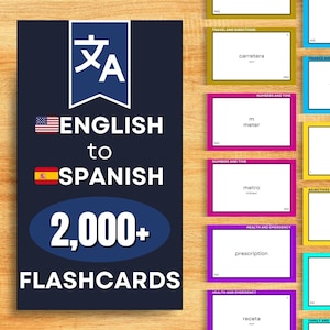 May include: A set of flashcards for learning English to Spanish. The flashcards are color-coded by category and feature English words and their Spanish translations. The text on the flashcards includes "carretera", "meter", "metro", "prescription", and "receta".