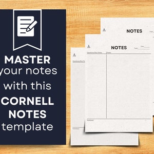 May include: A printable Cornell Notes template with the text "MASTER your notes with this CORNELL NOTES template" in white on a dark blue background. The template is designed to help students take notes effectively by dividing the page into sections for questions, key points, and notes.