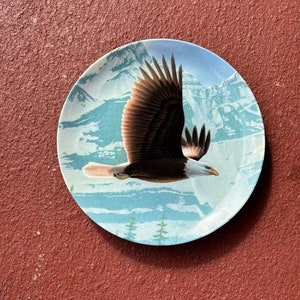 May include: A blue and white ceramic plate with a painted image of a bald eagle flying over a snowy mountain range.