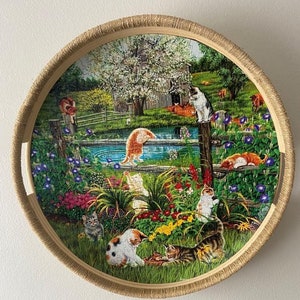 Cats at Play - 500 pc Round  Puzzle in a bamboo tray 19&quot; handmade