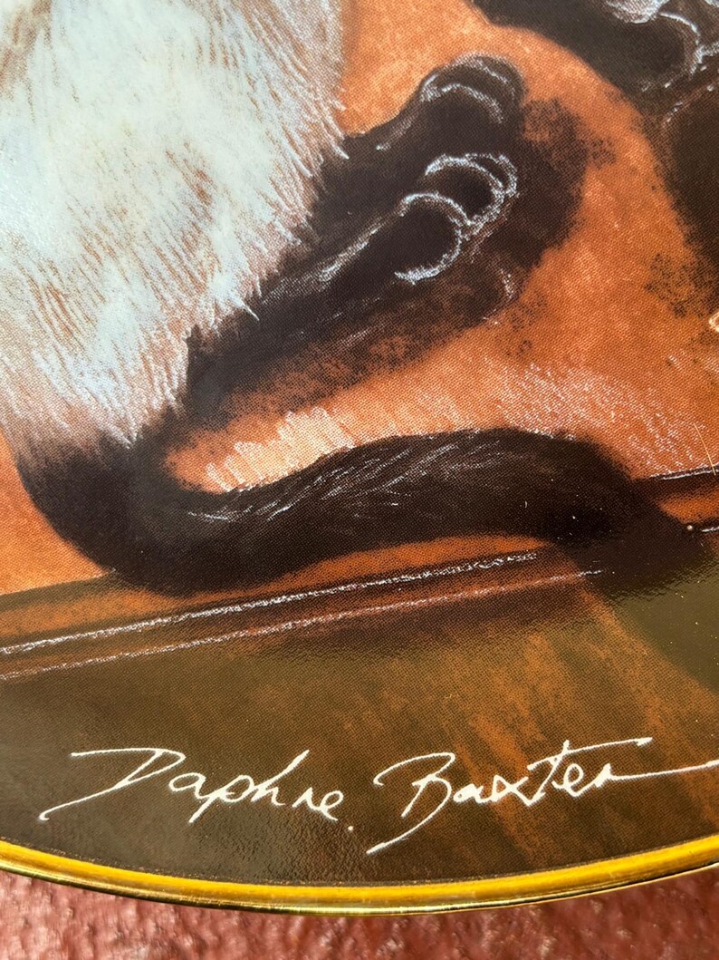 May include: A decorative plate featuring a detailed illustration of a cat's tail and paw. The cat's fur is white and the tail is black. The plate has a gold rim and the artist's signature, "Daphne Baxter," is visible.