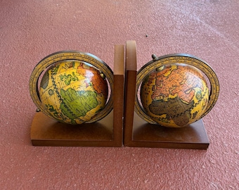 Vintage Globe Bookends, Wooden Book Ends Set, Old World Map Decor