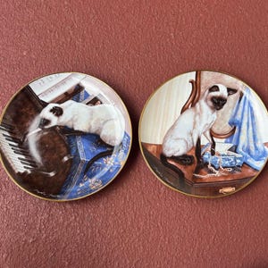 May include: Two decorative plates with gold rims. One plate depicts a Siamese cat on a piano, the other shows a cat on a table with a blue cloth and jewelry. The plates have a detailed, painted design.