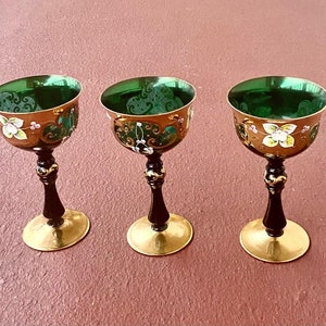 Vintage 1930,   3 wine glasses, Murano gold and cobalt green hand painted glass enamel flowers