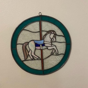 Handmade round carousel horse stained glass  121/4&quot; inches
