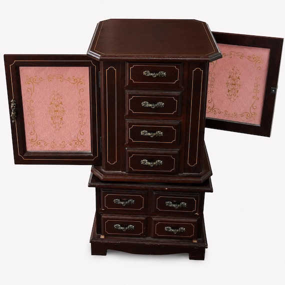 Vintage Revolving Jewelry Cabinet with Drawers, Dresser for Storage