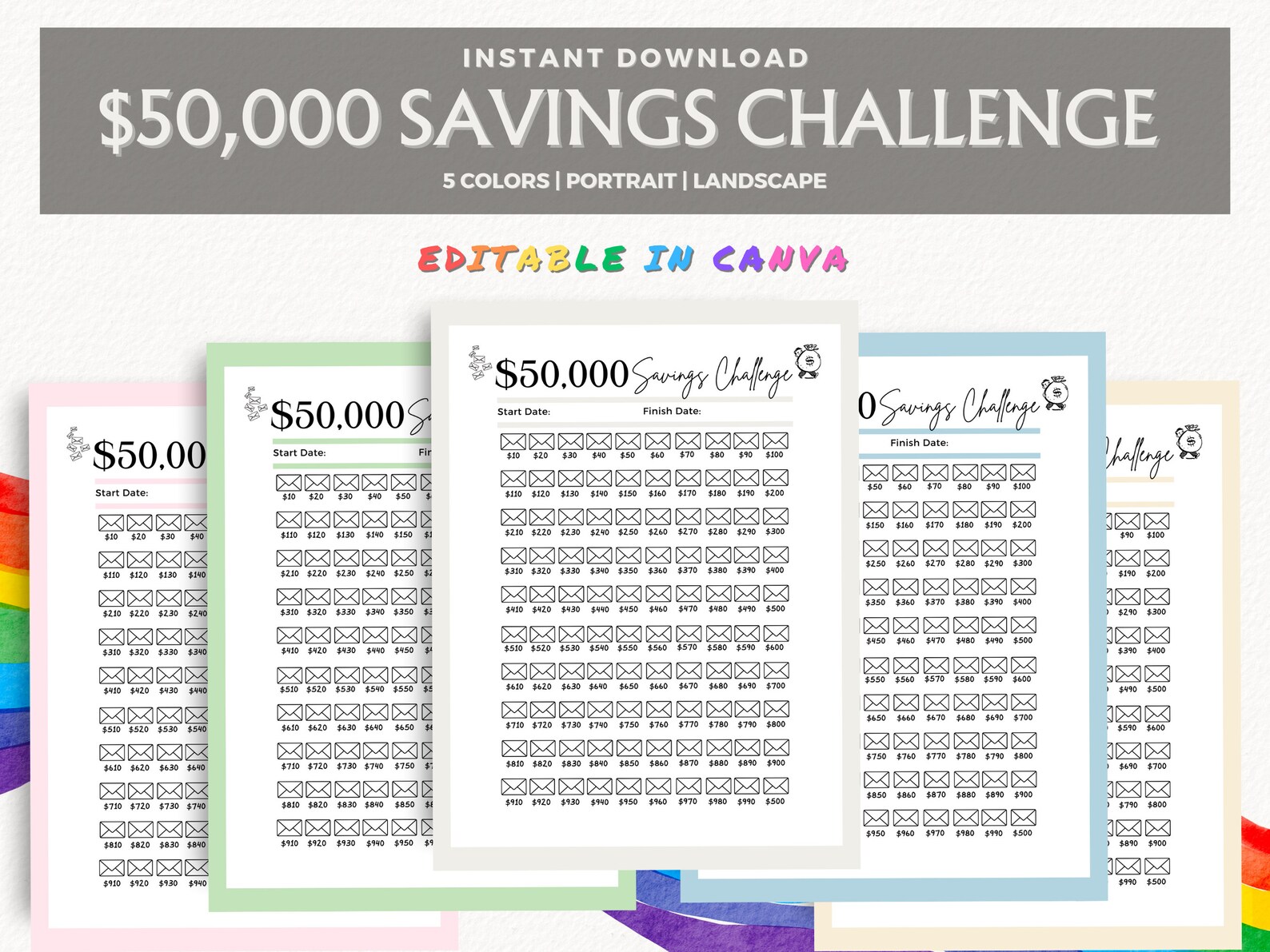 Editable 50000 Savings Challenge Tracker, 100 Envelope Savings ...