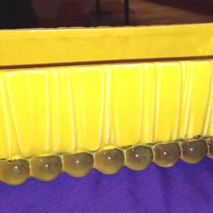 以下が含まれることがあります： 側面が垂直にリブ加工された長方形の黄色いセラミックプランター。プランターの底には、丸みを帯びた琥珀色の足が並んでいます。内側は濃い茶色です。