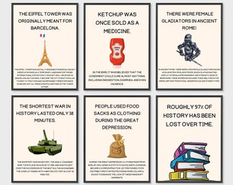 Set Of 6 Fun Facts History Posters, History Classroom Posters, Classroom Decor, History Facts, Classroom Display, History Teacher Gift