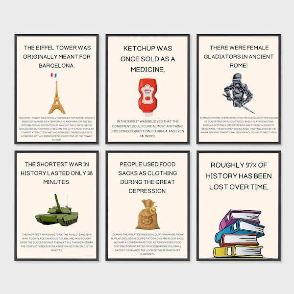 Set Of 6 Fun Facts History Posters, History Classroom Posters, Classroom Decor, History Facts, Classroom Display, History Teacher Gift