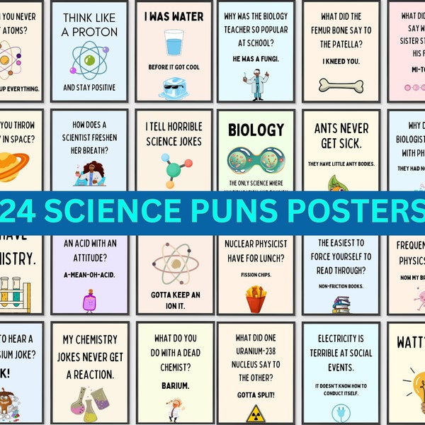 24 Funny Science Posters, Classroom Posters, Puns, Science Classroom Decor, Homeschool Prints, Science Teacher Gift, Science Jokes