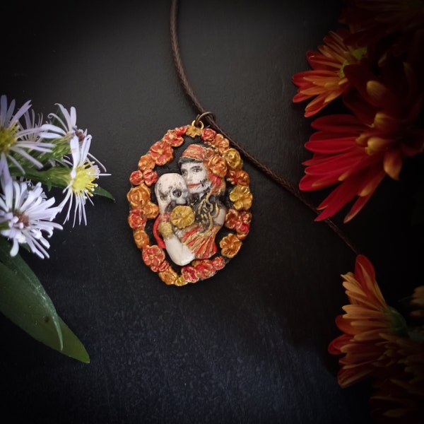 La Catrina Calavera Halloween style Mexican sugar skull pendant autumn colors flowers dead bride gothic jewelry day of dead mystic necklace