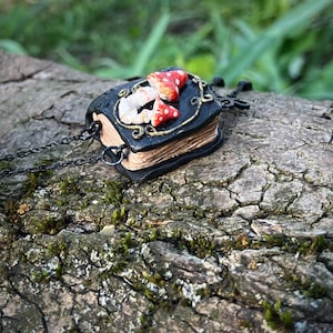 Forest Witch Necklace Magic Fly Agarics, Spell Book and Witch Potion Bottle, Pendant Bottle, Fairytale Jewelry Fantasy Style, vial pendant