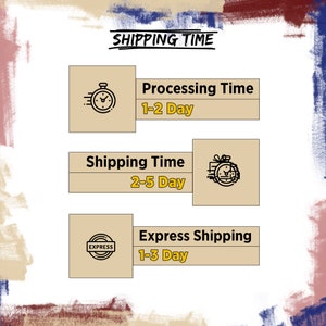 May include: A graphic showing shipping times for an online store. The graphic shows three boxes with icons and text. The first box shows a clock icon and the text "Processing Time 1-2 Day". The second box shows a clock icon with a gift box and the text "Shipping Time 2-5 Day". The third box shows a clock icon with the text "Express Shipping 1-3 Day".