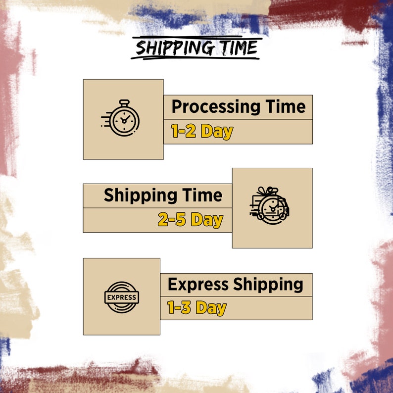 May include: A graphic showing shipping times for an online store. The graphic shows three boxes with icons and text. The first box shows a clock icon and the text "Processing Time 1-2 Day". The second box shows a clock icon with a gift box and the text "Shipping Time 2-5 Day". The third box shows a clock icon with the text "Express Shipping 1-3 Day".