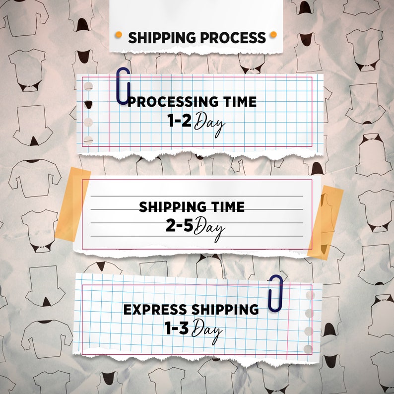 May include: An infographic titled "SHIPPING PROCESS" with text on torn paper. It details "PROCESSING TIME 1-2 Day", "SHIPPING TIME 2-5 Day", and "EXPRESS SHIPPING 1-3 Day". The background features a pattern of small white t-shirt illustrations.