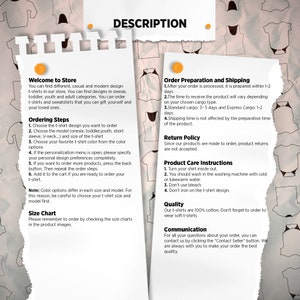 May include: Image of a product description page with text on torn paper. The text describes t-shirt ordering steps, product care instructions, and quality. The background is a beige, crumpled paper.