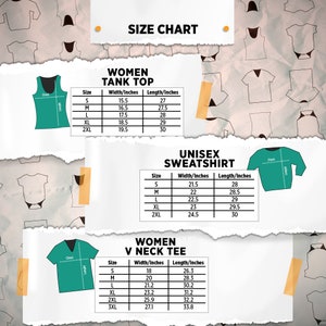 May include: Size chart for women's tank tops, unisex sweatshirts, and women's V-neck tees. Measurements are in inches for width and length. The chart includes sizes S, M, L, XL, 2XL, and 3XL, with corresponding measurements for each garment.