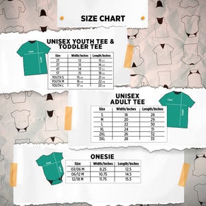 May include: Size chart for unisex youth tees, toddler tees, adult tees, and onesies. Measurements are in inches for width and length. Includes size charts for 2T to Youth L, S to 3XL, and 03/06 M to 12/18 M.