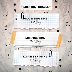 May include: Three white paper notes with black text on a grid background. The notes describe the shipping process, processing time, shipping time, and express shipping time. The notes are torn at the edges and have a paper clip or tape on them.