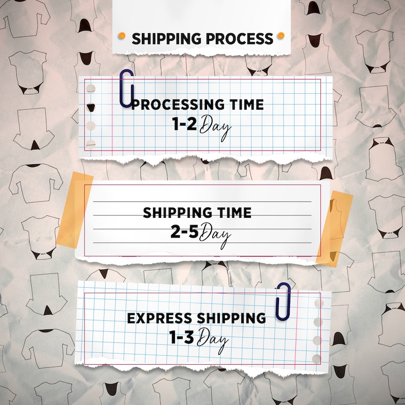 May include: Three white paper notes with black text on a grid background. The notes describe the shipping process, processing time, shipping time, and express shipping time. The notes are torn at the edges and have a paper clip or tape on them.