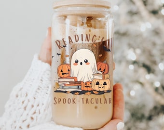 Cute Spooky Reading is Spook-tacular Sipper Glass, Cozy Halloween Ice Coffee Tumbler Bookworm, Cute Ghost Can Cup Book Lover Gift Idea Decor