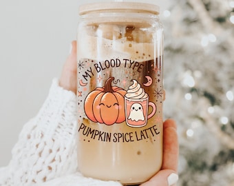 My Blood Type Pumpkin Spice Latte Glass Can Cup, Cute Ghost Halloween Ice Coffee Tumbler, Fall Drinkware Pumpkin Lover Gift Idea Bookworm