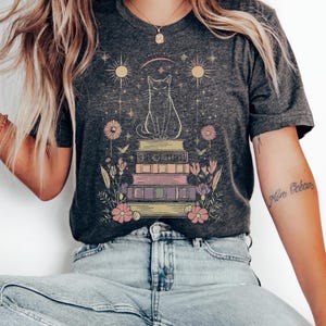 Mystical Cat Shirt Witchy Moon and Stars Tee, Celestial Floral Book Lover T-Shirt, Dark Cottagecore Gift Cat Mom, Magic Goth Dark Academia