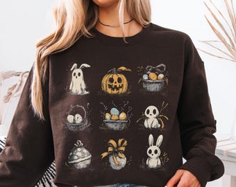 Felpa pasquale spettrale, maglietta vintage con coniglietto di Halloween, pullover gotico pasquale, maglione primaverile inquietante e carino, idea regalo Dark Academia, horror