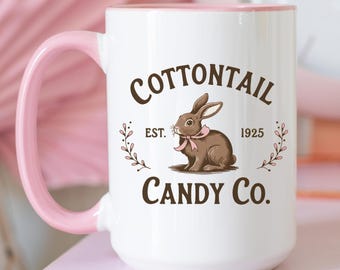 Vintage Bunny Mug Cottontail Candy Co Cup, Easter Morning Coffee Mug Pink Cute Retro Tea Cup, Cute Animal Lover Gifts Farmhouse Aesthetic