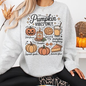 May include: A light gray sweatshirt with a graphic that reads "Pumpkin Vibes Only." The graphic includes illustrations of pumpkins, a candle, a cookie, a pumpkin spice latte, and a slice of pie. The words "Fall flavor," "Squash goals," and "Autumn glow" are also included.