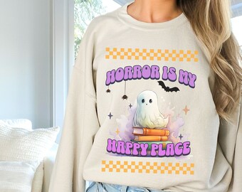 Horror is my happy place, Sweatshirt for Halloween, Sweater for Fall and Spooky book lovers, Unisex, Comfy Sweater Horror book readers