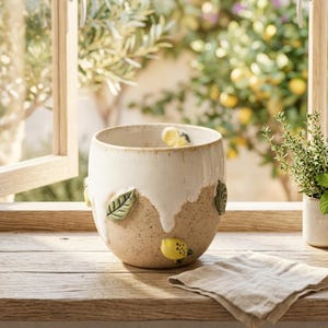 May include: A ceramic planter with a speckled tan base and a white glazed top section. The exterior features three-dimensional sculpted yellow lemons and green leaves attached to the surface. The planter has a rounded shape and a smooth rim.