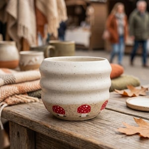 May include: A speckled off-white ceramic mug with a rounded, ribbed body and a wide opening. The lower portion of the mug features a hand-painted pattern of small red mushrooms with white spots encircling the base against a tan speckled clay.