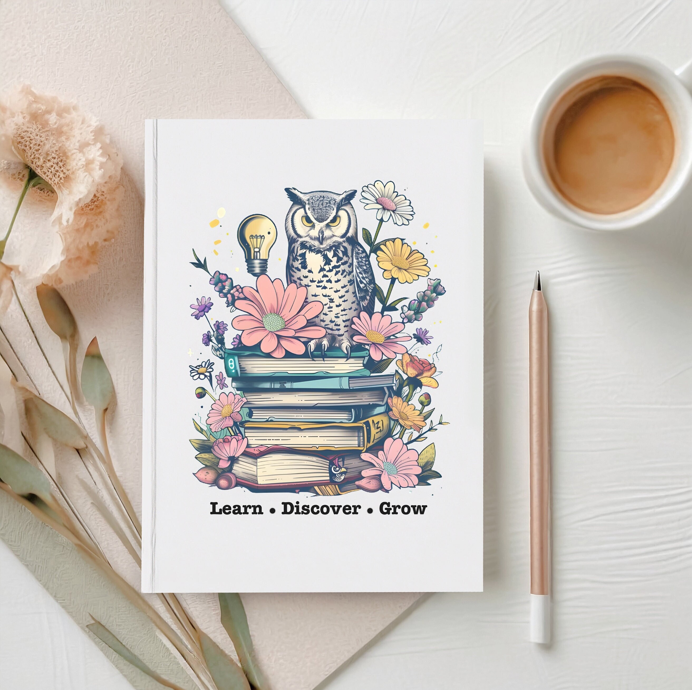 Owl Bookworm Hardcover Journal Inspirational Quote Notebook, Botanical Illustration Diary Learn Disc