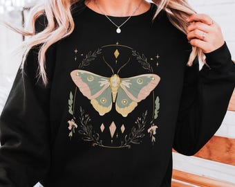Embrace the Magic of Floral Nature, Mystical Moth Sweatshirt, Boho Luna Moth Shirt, Celestial Goth Boho Tee, Spiritual Moth Lover Gift Idea
