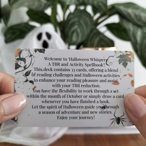 A set of small cards, each beautifully designed with Halloween-themed imagery, and titled: Halloween Whispers- A TBR and Activity Spellbook. In the colors orange, black and brown. The cards offer 27 reading prompts and 6 activities.