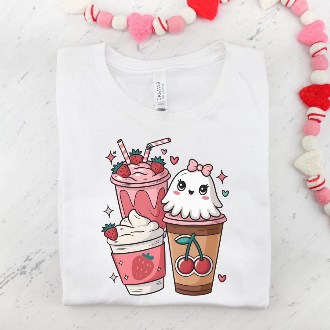 Kawaii Drinks T-shirt, Cherry Shirt, Cute Ghost Tee, Strawberry