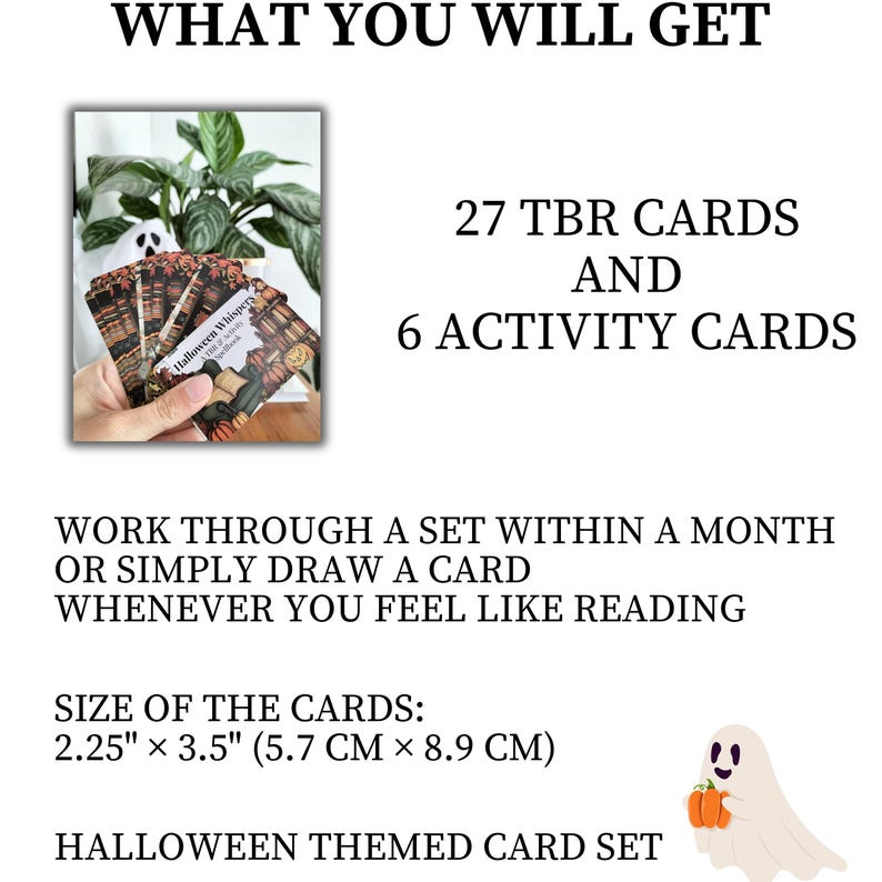 A set of small cards, each beautifully designed with Halloween-themed imagery, and titled: Halloween Whispers- A TBR and Activity Spellbook. In the colors orange, black and brown. The cards offer 27 reading prompts and 6 activities.