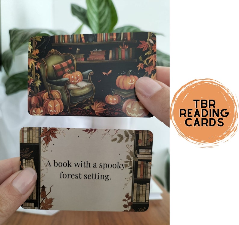A set of small cards, each beautifully designed with Halloween-themed imagery, and titled: Halloween Whispers- A TBR and Activity Spellbook. In the colors orange, black and brown. The cards offer 27 reading prompts and 6 activities.