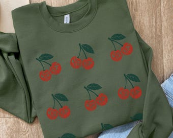 Cherry Cottagecore Farmers Market Sweatshirt, Boho Red Cherries Fruit Pullover, Cute Sommer Soft Girl Outfit, Garden Party BBQ Day Crewneck