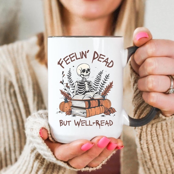 Funny Skeleton Reading Halloween Mug, Spooky Fall Coffee Cup, Cute Book Lover Gift, Cozy Autumn Reading Cocoa Mug, Bookish Bookshelf Decor