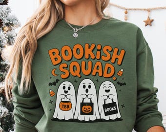 ブックイッシュ・スクワッド スウェットシャツ 秋 シーズン、読書好き ハロウィン クルーネック、キュート ゴースト リーディング セーター、不気味な本の虫 秋 プルオーバー Booktok TBR