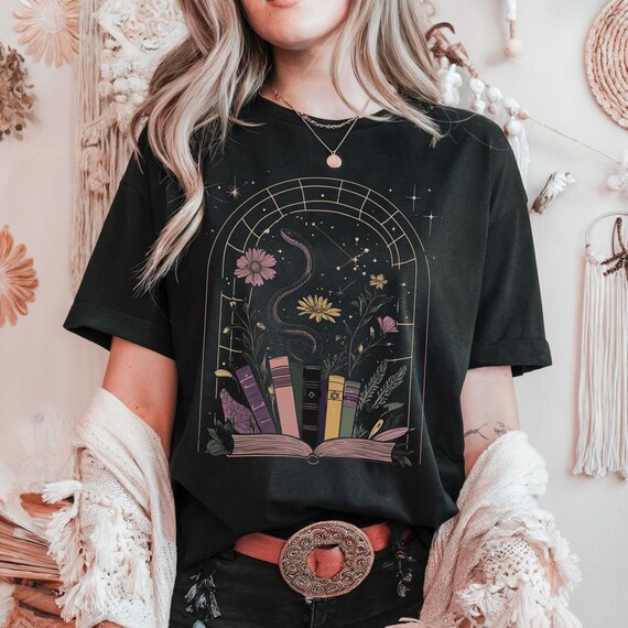 Witchy Snake Booklover T-Shirt TBR, Gothic Cottagecore Fantasy Tee, Dark Academia Retro Shirt, Mystic Celestial Moon and Stars Gift Woman